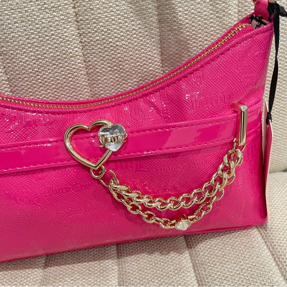 NEW Juicy Couture Pink Flash Open Heart Shoulder Bag Patent Leather Logo‎ Print - Picture 2 of 6